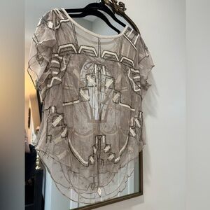 Free People Sheer Geometric Blouse in Taupe and Cream